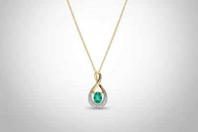Emerald and Diamond Pendant 9ct Yellow Gold Infinity Twist Necklace 16 - 18"