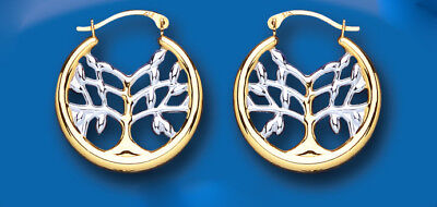 Tree of Life Hoop Earrings Two Colour White and Yellow Gold Hoops 20mm
