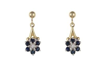 Sapphire and Diamond Earrings Yellow Gold Cluster Drop Natural Stones Hallmarked