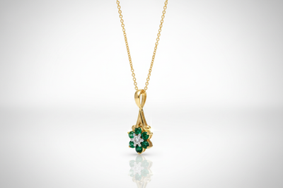 Emerald and Diamond Pendant 9ct Yellow Gold Cluster Necklace 16-18" Real Stone