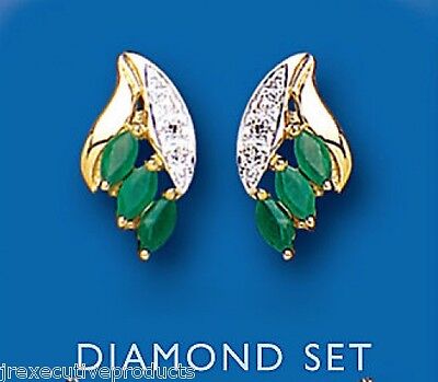 Emerald and Diamond Earrings Yellow Gold Marquise Stud Solid Hallmarked