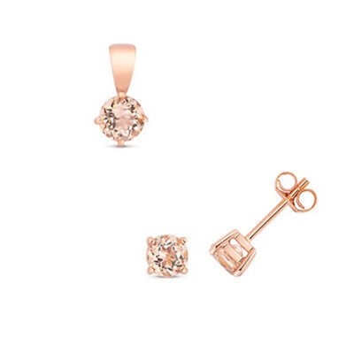 Rose Gold Morganite Jewellery Set Round Solitaire Pendant & Stud Earrings