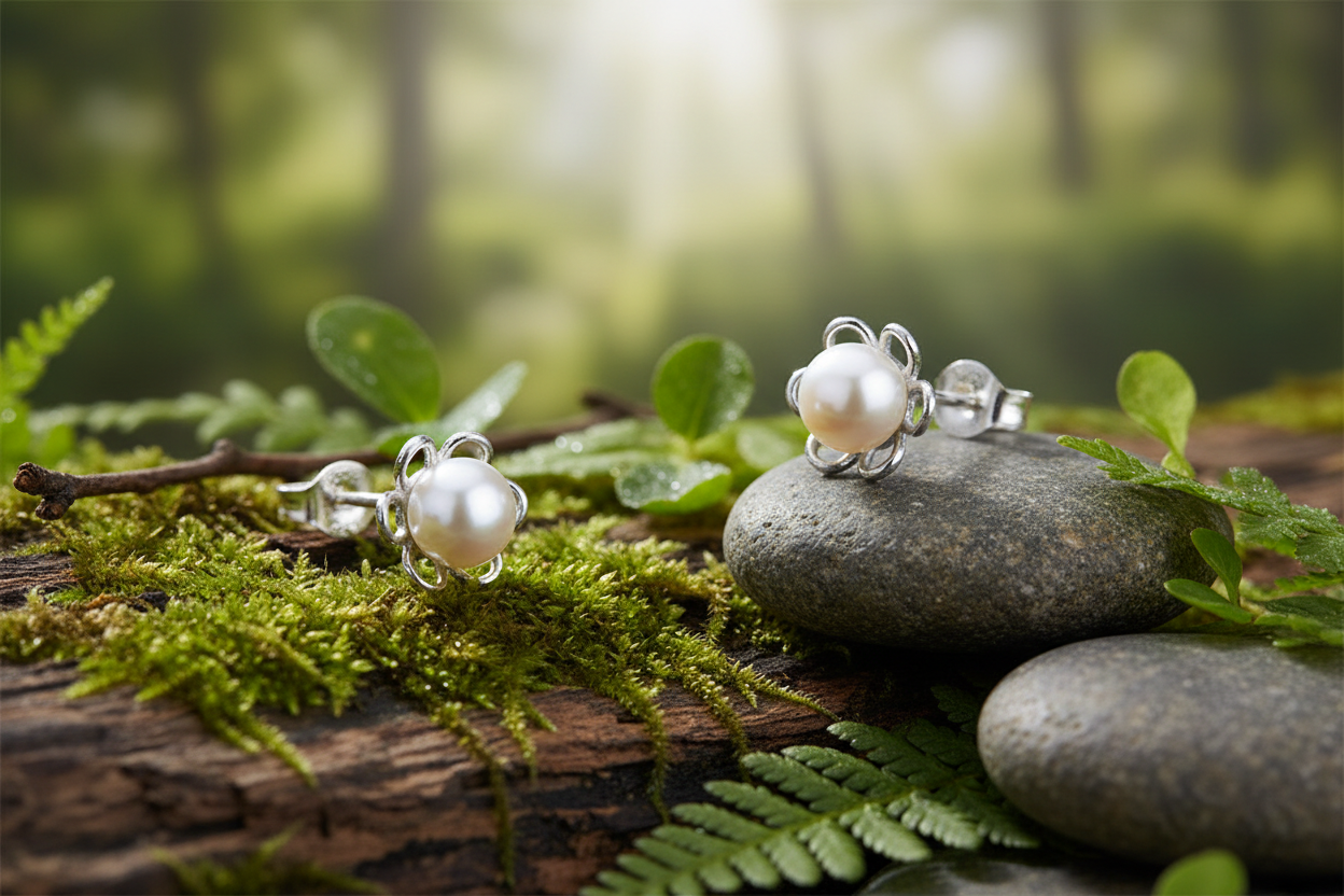 Pearl Earrings Flower Stud Sterling Silver Studs