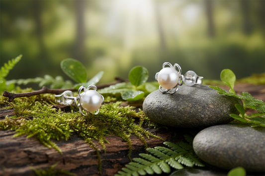 Pearl Earrings Flower Stud Sterling Silver Studs