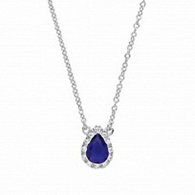 Sterling Silver Necklace With Sparkling Sapphire Pear With CZ Pendant & Chain