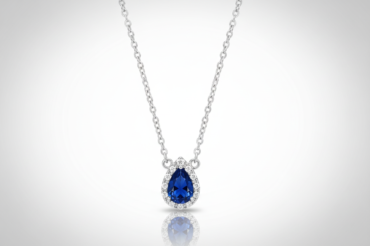 Sterling Silver Necklace With Sparkling Sapphire Pear With CZ Pendant & Chain