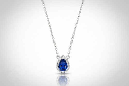 Sterling Silver Necklace With Sparkling Sapphire Pear With CZ Pendant & Chain