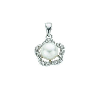 Pearl and Diamond Flower Pendant 9ct White Gold 18" / 45cm Chain