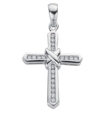 Diamond Ribbon Knot Cross Pendant White Gold 18" Chain