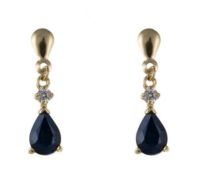 9ct Yellow Gold Sapphire Drop Earrings Teardrop Hallmarked September Birthstone