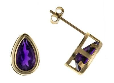 9ct Gold Amethyst Pear Stud Earrings Yellow Gold Solitaire February Birthstone 
