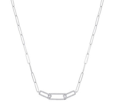 Elegant White Gold Paperclip Chain Necklace Pavé Diamond Link Pendant 17"