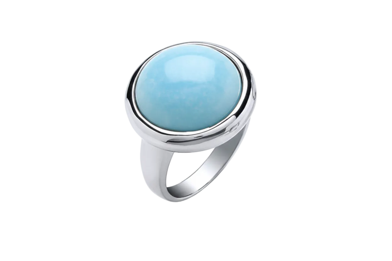 Silver ring with a blue gemstone on a white background