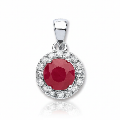 Elegant Ruby Round Pendant With Real Diamond Halo 9ct White Gold 18" Chain
