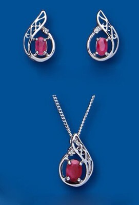 Real Ruby and Diamond Matching Set Pendant and Earrings Teardrop Solid Silver