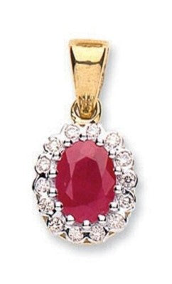 Real Ruby Oval Pendant With Natural Diamonds Yellow Gold 18" Chain