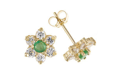 9ct Gold Emerald Cluster Stud Earrings Yellow Gold May Birthstone Hallmark