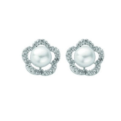 Freshwater Pearl Flower Earrings 9ct White Gold Real Mined Diamonds 11mm Wide