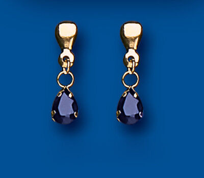 9ct Yellow Gold Sapphire Drop Earrings Pear Drops Hallmark September Birthstone