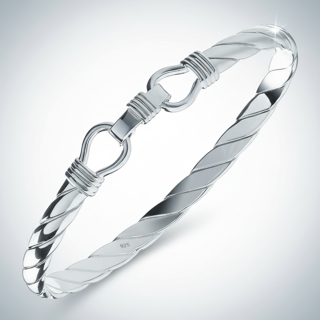 Sterling Silver Twisted Stirrup Bangle Mens Gents 6mm Wide Hallmark British Made