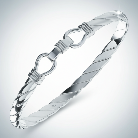 Sterling Silver Twisted Stirrup Bangle Mens Gents 6mm Wide Hallmark British Made