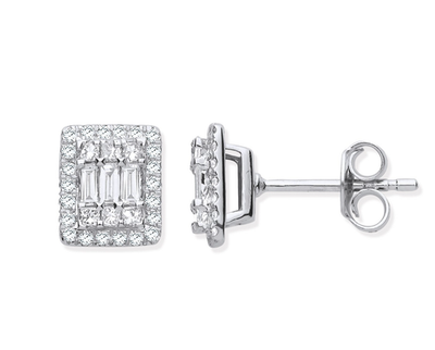 Real Diamond Rectangular Stud Earrings 18ct White Gold 0.50ctw Mined Diamonds