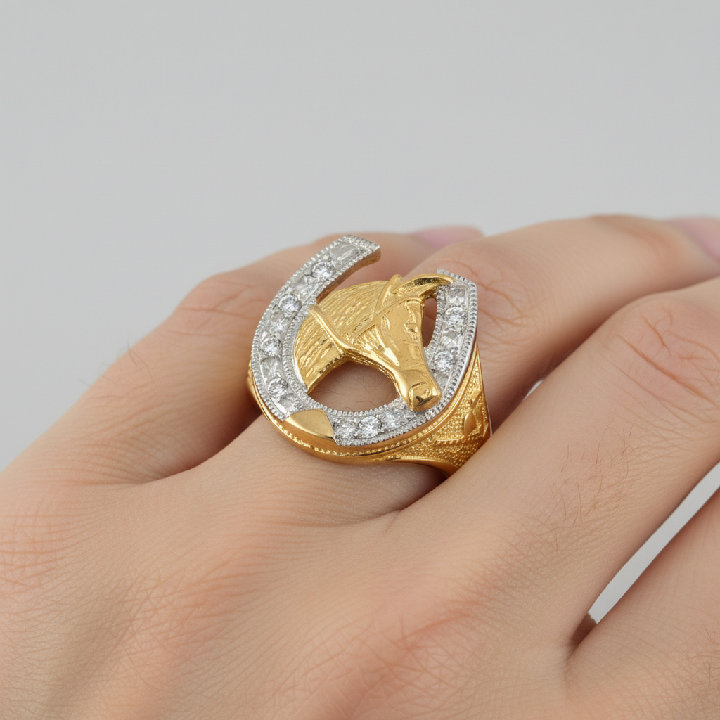 9ct Yellow Gold Cubic Zirconia Horse Shoe Ring Hallmarked