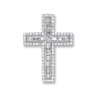 Real Diamond Cross Pendant Baguette & Round Premium Diamonds 18ct Gold 18"/45cm