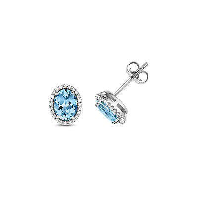 Swiss Blue Topaz & Diamond Oval Stud Earrings White Gold Studs