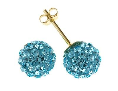 9ct Gold Blue Crystal Stud Earrings Austrian Aqua Studs 7mm Hallmarked