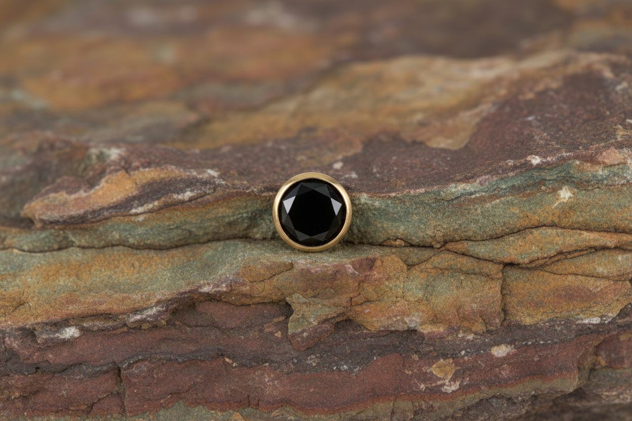 Mens Gold Solitaire Earrings Black Stone Stud