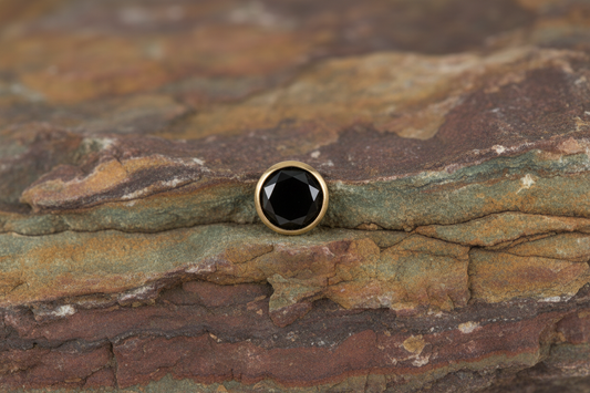 Mens Gold Solitaire Earrings Black Stone Stud