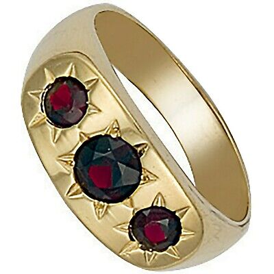 Gents Three Stone Garnet Ring 9ct Yellow Gold Gypsy Style Setting Hallmarked