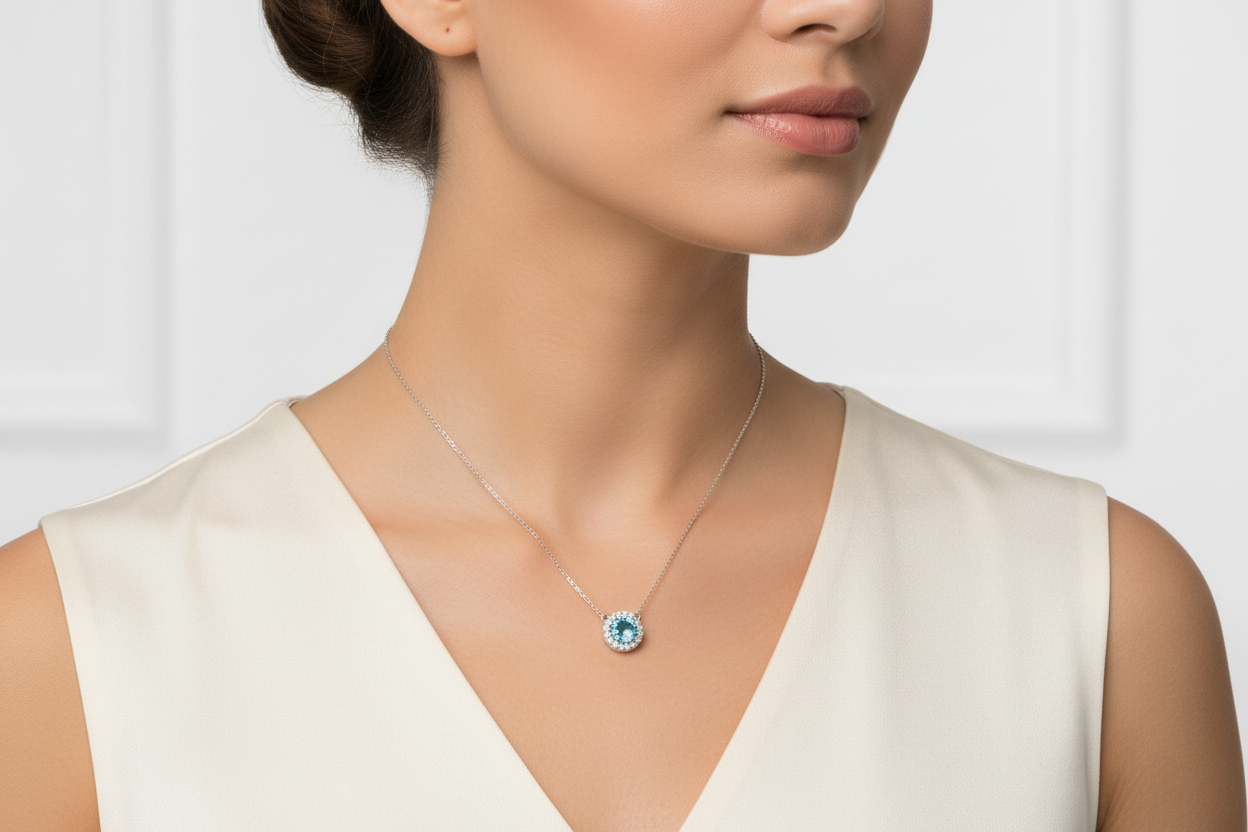 Sterling Silver Necklace With Sparkling Aquamarine Round With CZ Pendant & Chain