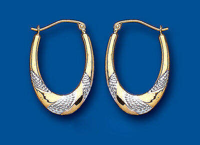 Hoop Earrings Gold Creole Two Tone Yellow and White Gold Oval Design Hallmarked