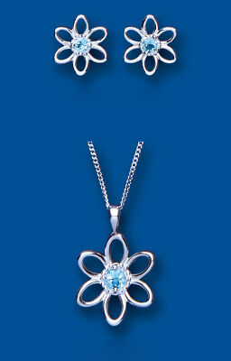 Blue Topaz Pendant and Earrings Set Solid Sterling Silver Flower Design