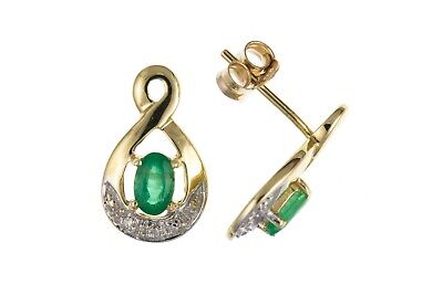 Emerald and Diamond Earrings Yellow Gold Twist Stud Hallmarked Natural Stones