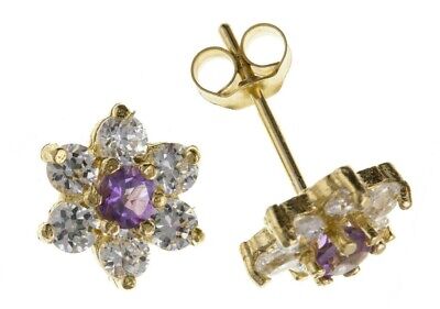 9ct Gold Amethyst Cluster Stud Earrings Yellow Gold February Birthstone Hallmark