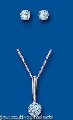 Real Blue Topaz Solitaire Matching Set Pendant Necklace Earrings Sterling Silver