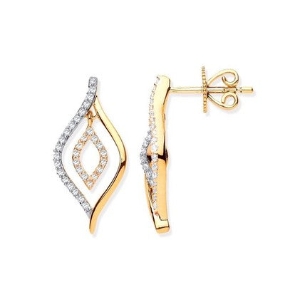 9ct Gold & Diamond Marquise Drop Earrings 20.6mm Twisted Swirl Dangle Studs