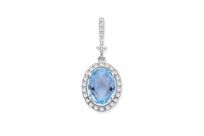Oval Blue Topaz Pendant Necklace White Gold Sparkling Diamond Halo White Gold