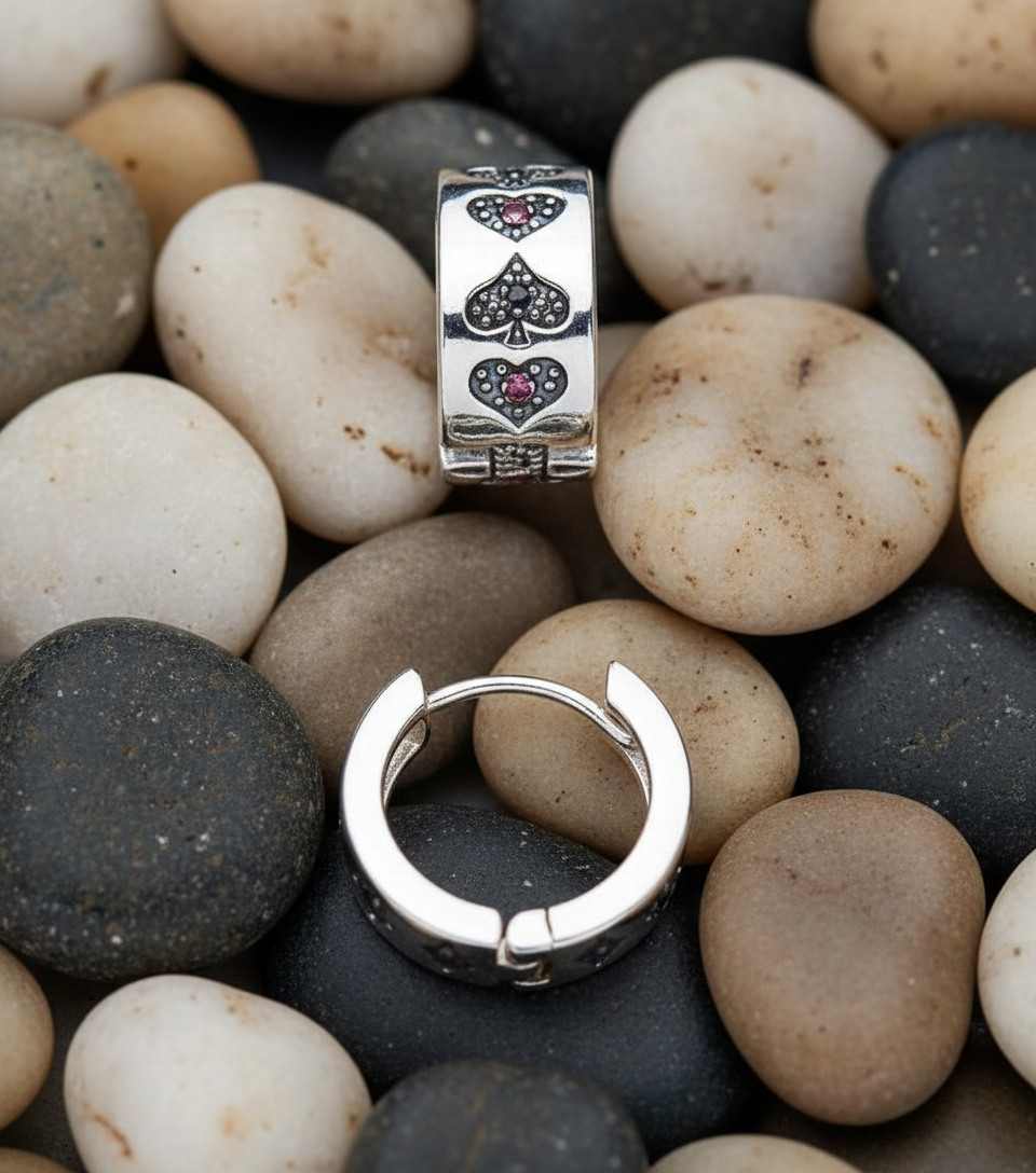 Men's Huggie Hoop Earring Pack of Cards Solid Sterling Silver Gents Creole