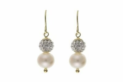 Elegant Pearl & Crystal Jewelry Set Yellow Gold Necklace & Matching Drop Earring