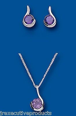 Amethyst Pendant and Earrings Set Solid Silver Round Solitaire