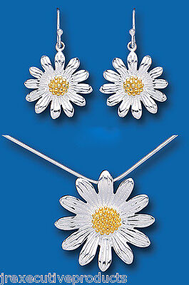 Sunflower Set Solid Sterling Silver Pendant and Drop Earrings Gold Detail