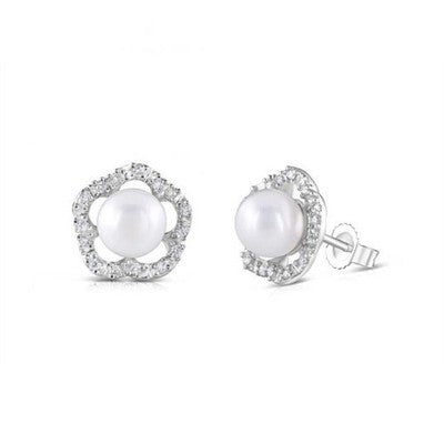 Freshwater Pearl Flower Earrings 9ct White Gold Real Mined Diamonds 11mm Wide