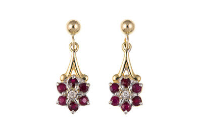 Ruby and Diamond Pendant and Earring Set Drop Earrings Yellow Gold