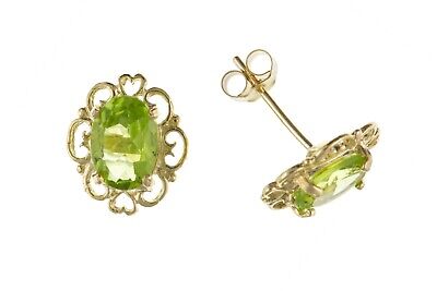 9ct Gold Peridot Earrings Yellow Gold Filigree Stud August Birthstone Hallmark