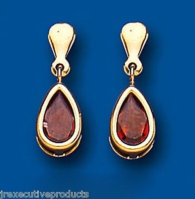 9ct Yellow Gold Garnet Drop Earrings Teardrop Hallmarked January Birthstone