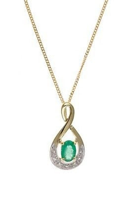 Emerald and Diamond Pendant 9ct Yellow Gold Infinity Twist Necklace 16 - 18"